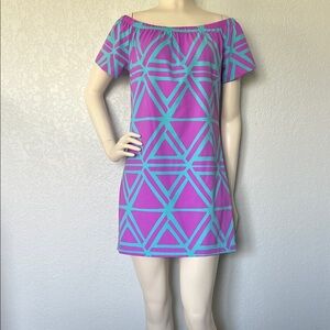Off Shoulder Resort Vacation Soft Dress Purple Turquoise Geometric Mahi Gold XS